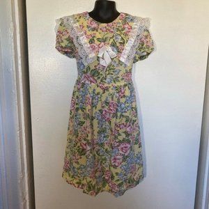 Vintage Rachel's Kids Floral Dress Big Collar Lace Trim Puff Sleeves 6Y